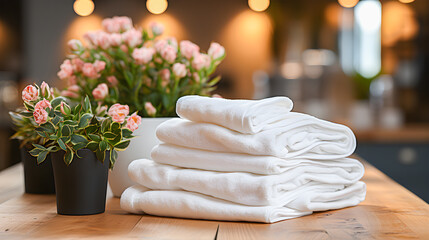 Fototapeta na wymiar Pile of clean white towels folded on a wooden table with flowers. Laundry room of a home, spa, resort or hotel. Concept of cleanliness and linen.