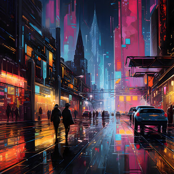 Ciudad futurista en la lluvia, neones y sombras