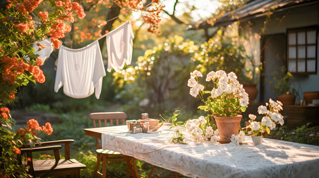 Mediterranean garden with white linen, a wooden table and beautiful flowers. Good weather, good smell and freshness