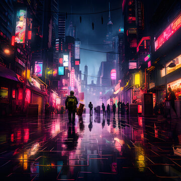 Paisaje urbano nocturno futuro iluminado por neones