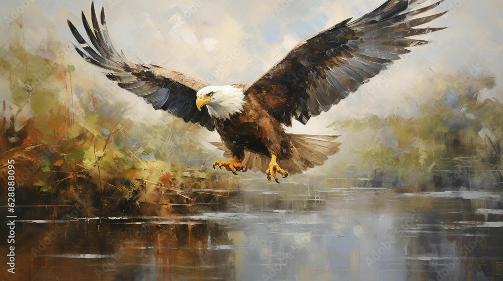 Sticker AI generated illustration of a painting of a majestic bald eagle in flight