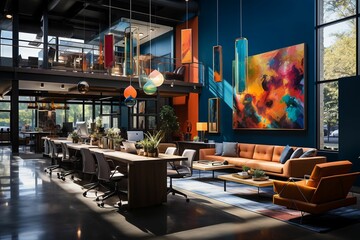 Modern interior featuring a bright blue wall adorned with an abstract painting. AI-generated.