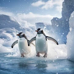 Obraz premium AI generated illustration of penguins waddling in the water around an icy floating iceberg