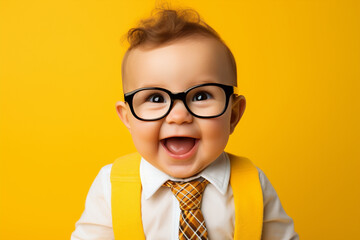 cute happy baby with glasses on yellow background, generative ai