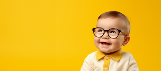 cute happy baby with glasses on yellow background, generative ai