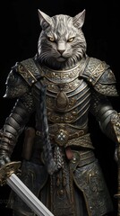 Fototapeta na wymiar AI generated illustration of a majestic cat wearing an ornate suit of armor and gripping a sword