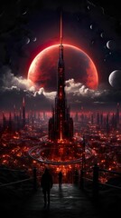 AI generated illustration of an apocalyptic cityscape with planets in the background at night