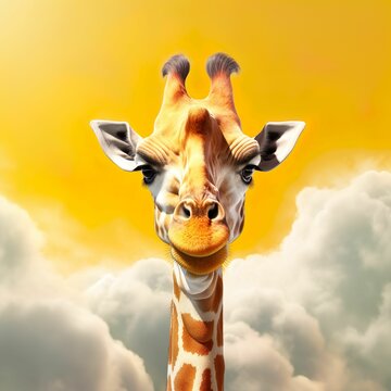 AI generated illustration of a beautiful giraffe face on a yellow background with clouds