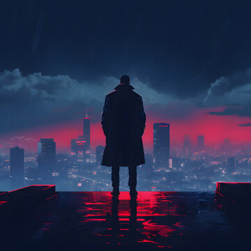 Hombre observando la ciudad desde las alturas de noche