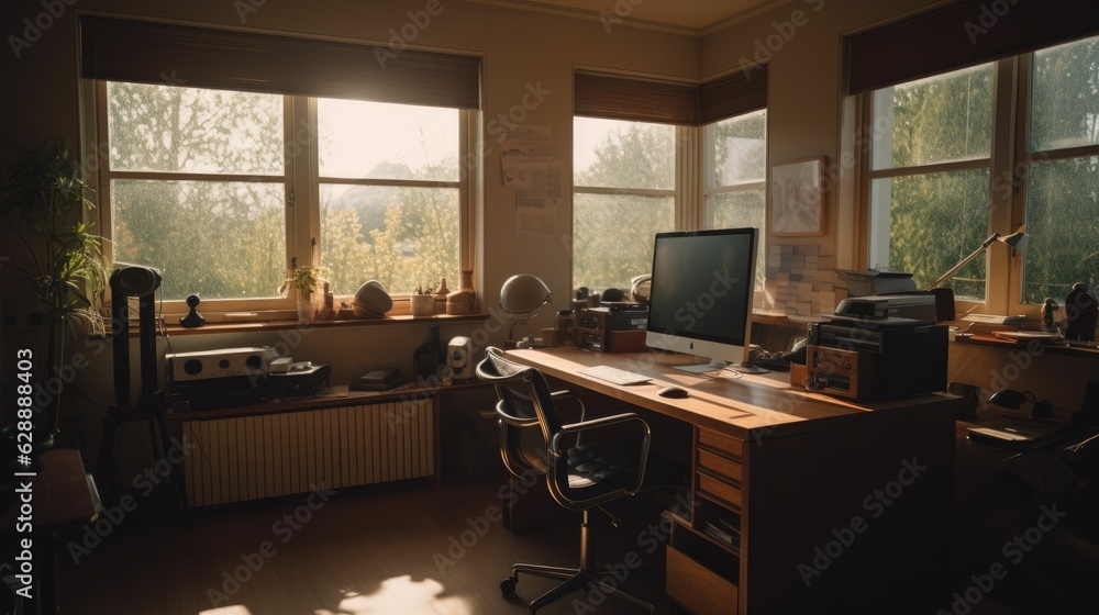 Poster ai generated illustration of a modern home office setting featuring a laptop computer and a window