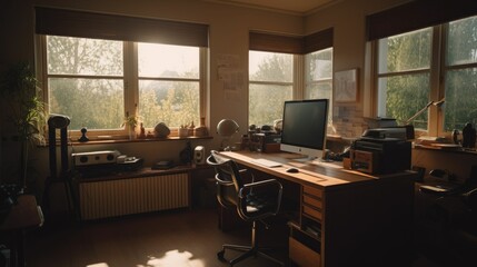 AI generated illustration of a modern home office setting featuring a laptop computer and a window