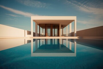 Modern minimalist house with a pool. AI-generated.