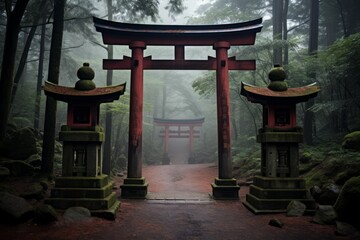 AI generated illustration of red torii gates in a forest in Japan