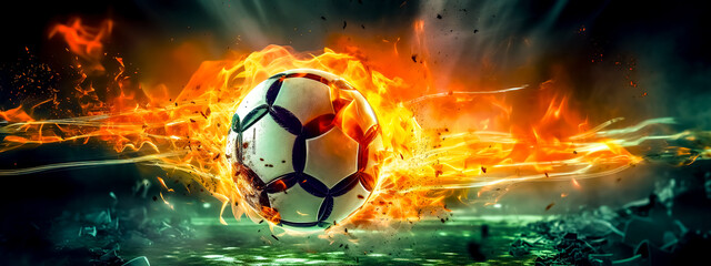 soccer ball in fast motion, lightning, fire and energy of sport, banner made with Generative AI
