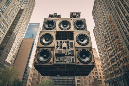 Enormous audio speaker in the middle of a bustling urban landscape. AI-generated.