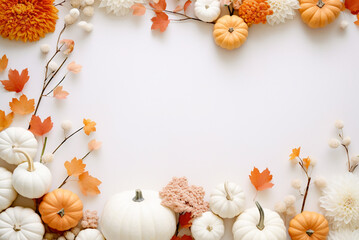 Naklejka na ściany i meble Autumn composition with leaves, pumpkins, flowers, berries flat lay. Generative AI