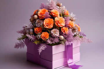 Beautiful bouquet of flowers in gift box in lavender interior. Generative AI