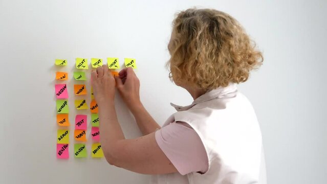 IT worker with agile board. Using scrum board for task control is a kind of agile development methodology