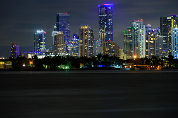 Miami business district, lights and reflections of the city. Miami skyline.