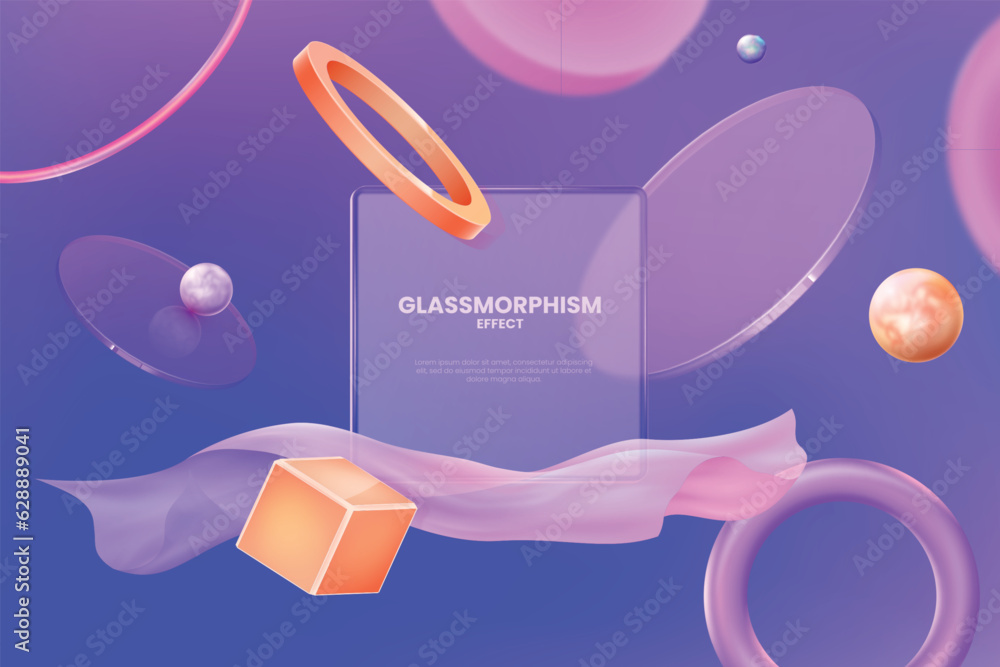 Poster 3d shape background. abstract glass circles, transparent geometric squares, ui morphism, glassmorphi