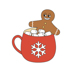 Hot chocolate cup with gingerbread man in groovy style. Cartoon character in trendy retro style for Christmas design