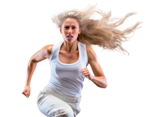 Beautiful girl athlete running on camera isolated on a white background