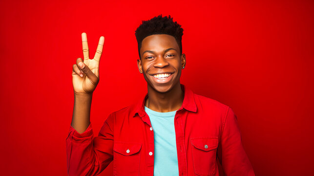 Vibrant shot of an enthusiastic young African adult in red, spreading positivity with playful peace sign and infectious laughter. Ideal representation of millennial cool. Generative AI