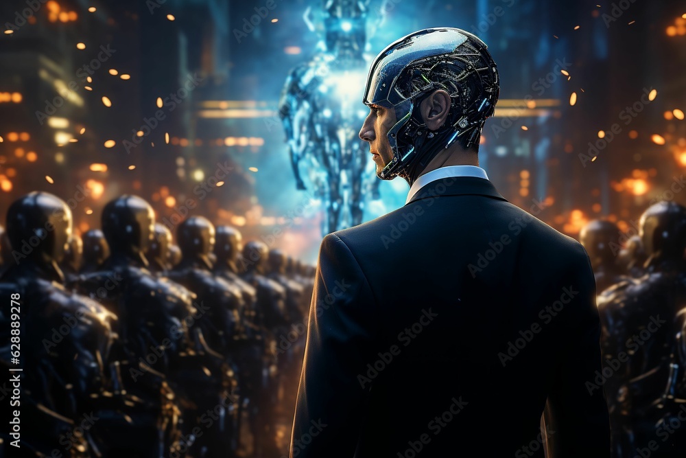 Poster humanoid robot in a business suit surrounded by other robots. future, robotics. ai-generated.