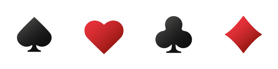 Hearts, clubs, diamonds and spades on an isolated white background. Set collection gambling sign symbol of playing card suits and chips for poker and casino.