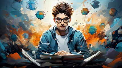 AI generated illustration of a mature man in glasses at a wooden desk, concentrating on a large book