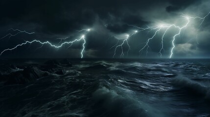 lightning flashes over a sea of water and waves at night