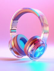 Round headphones in metallic purple color isolated on a flat pastel light background with copy space. UI Music, 3d render icon illustration.