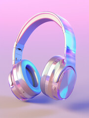 Round headphones in metallic purple color isolated on a flat pastel light background with copy space. UI Music, 3d render icon illustration.