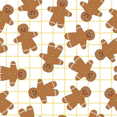 Seamless pattern of gingerbread man. Winter homemade sweets on white and yellow mesh background. Christmas design.