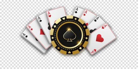Realistic playing chip with the suit of spades, gambling tokens. Fans of playing cards ace of all suits. The concept of playing poker or casino. Vector illustration on a transparent bg.