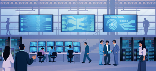 Data control. Room center. Operators in government. Computer security mission. Electronic equipment. Employees work with servers and database. Network technology. Vector illustration