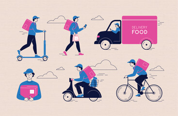 Scooter delivery. Courier on bicycle or bike, food and package, man on van, motorcycle parcel service, driver on fast truck. Deliveryman on transport riding. Vector illustration concept