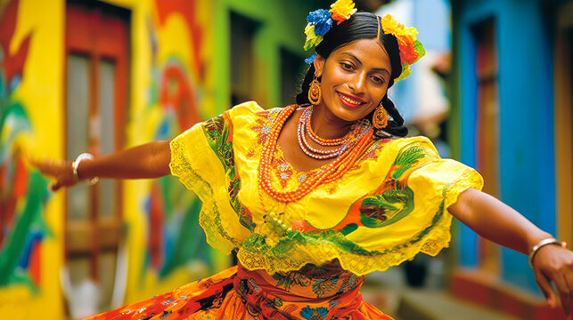 Vibrant Colombian woman in bright green traditional dress dancing with joy, set against joyful Guatap&eacute; citys colorful bas-reliefs. Embodying cultural richness. Generative AI