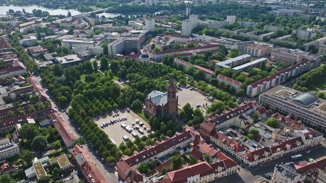 Aerial Drone shot of Catholic Parish Church of St. Peter and Paul ( Katholische Pfarrkirche St. Peter und Paul ) in Potsdam , Germany