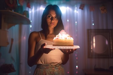 Woman holding a birthday cake with lit candles Fictional Character Created By Generative AI