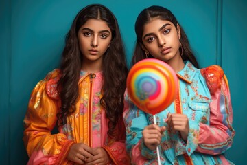 Two young girls holding a striped lollipop Fictional Character Created By Generative AI