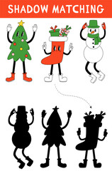 Christmas shadow matching activity with groovy in 80s, 70s style. Winter holiday puzzle with christmas tree, sock with gift and snowman. Find correct silhouette printable worksheet or game.