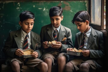 Three Young Indian boys in school uniforms enjoying their lunch Fictional Character Created By Generative AI