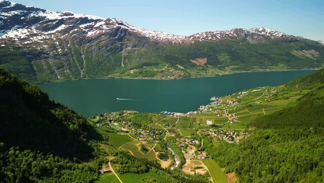 Drone landscape river and Aurland mountain under a blue sky