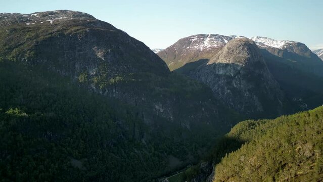 Drone footage around green Stalheim Canyon with valle and landscape in Norway