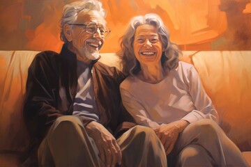 Obraz premium An elderly couple sitting on a couch, enjoying each other's company and smiling. Fictional Character Created By Generative AI
