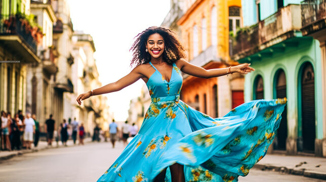 Vibrant salsa dancer in turquoise dress, complementing Havanas colorful buildings, captured mid-dance on city streets. Cuban rhythm frozen in time. Generative AI