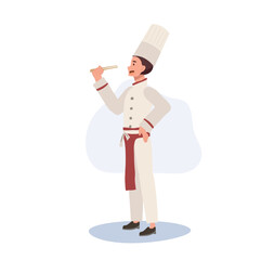 Full-Length Chef Illustration. Happy Smiling Male Chef Holding Chopsticks. Flat vector cartoon illustration