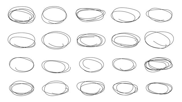 Vector abstract hand drawn pencil set scribble ellipses and ovals on white background. Abstract grunge frames and borders elements. Doodle sketched highlight circles or rings. Pen hand drawing.