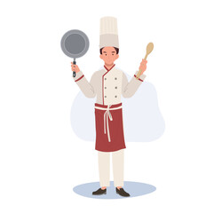 Full Length of Chef Illustration. Male Chef  in Chef Hat Holding Pan and Turner. Flat vector cartoon illustration